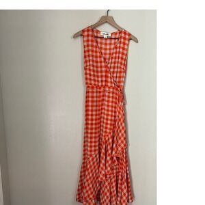 Diane von Furstenberg Dress Size 4 Orange Blue Gingham Wrap Ruffle Silk Blend